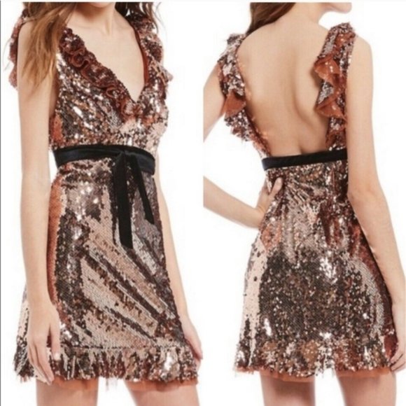 Free People Dress Rose Gold Sequin Dress Tribeca Cocktail Party Prom Dress Sz 12 - Picture 3 of 15
